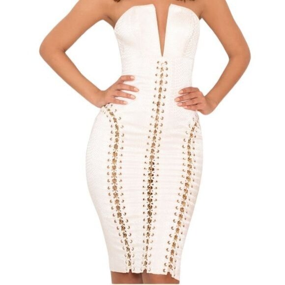 House of CB Alberta White Jacquard Strapless Dress - Picture 11 of 13
